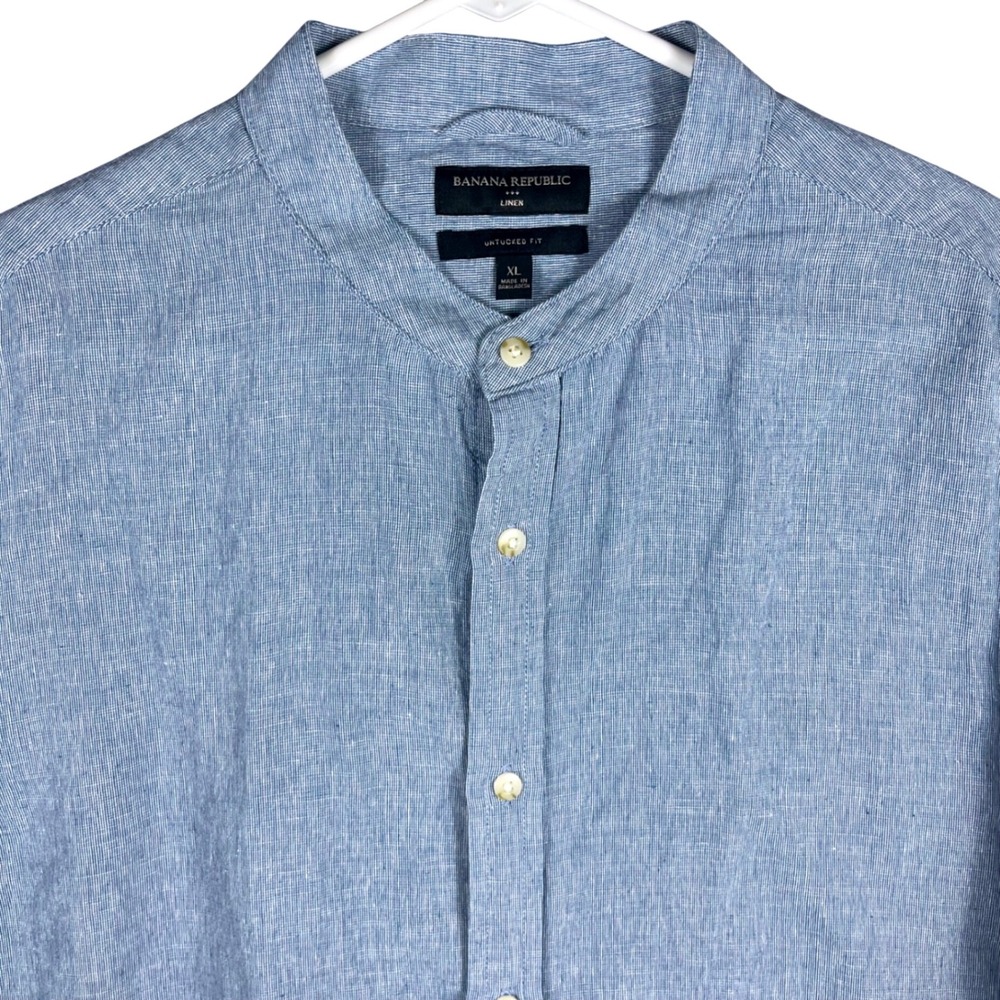 Banana Republic Button Down Shirt Mens XL Blue Linen Blend Untucked Band Collar